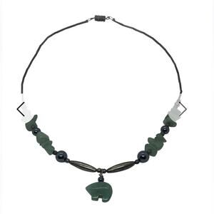 Jade Bear Pendant & Stones Mid 20th Century 17” Titanium Link and Bead Necklace